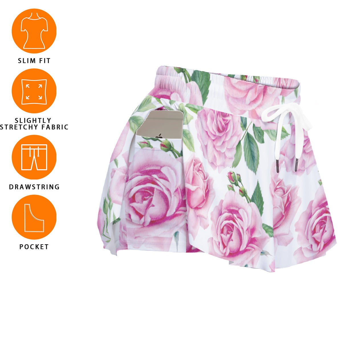 Floral Rose Skort – Pink High Waisted Skirt Shorts with Pockets