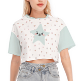 Kawaii Blue Star Cropped T-shirt - Cute Aesthetic Y2K Crop Top for Women, 100% Cotton Regular Fit with Navel Design