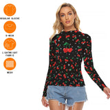 Cherry Print Mesh Top – Black Long Sleeve Slim Fit Shirt