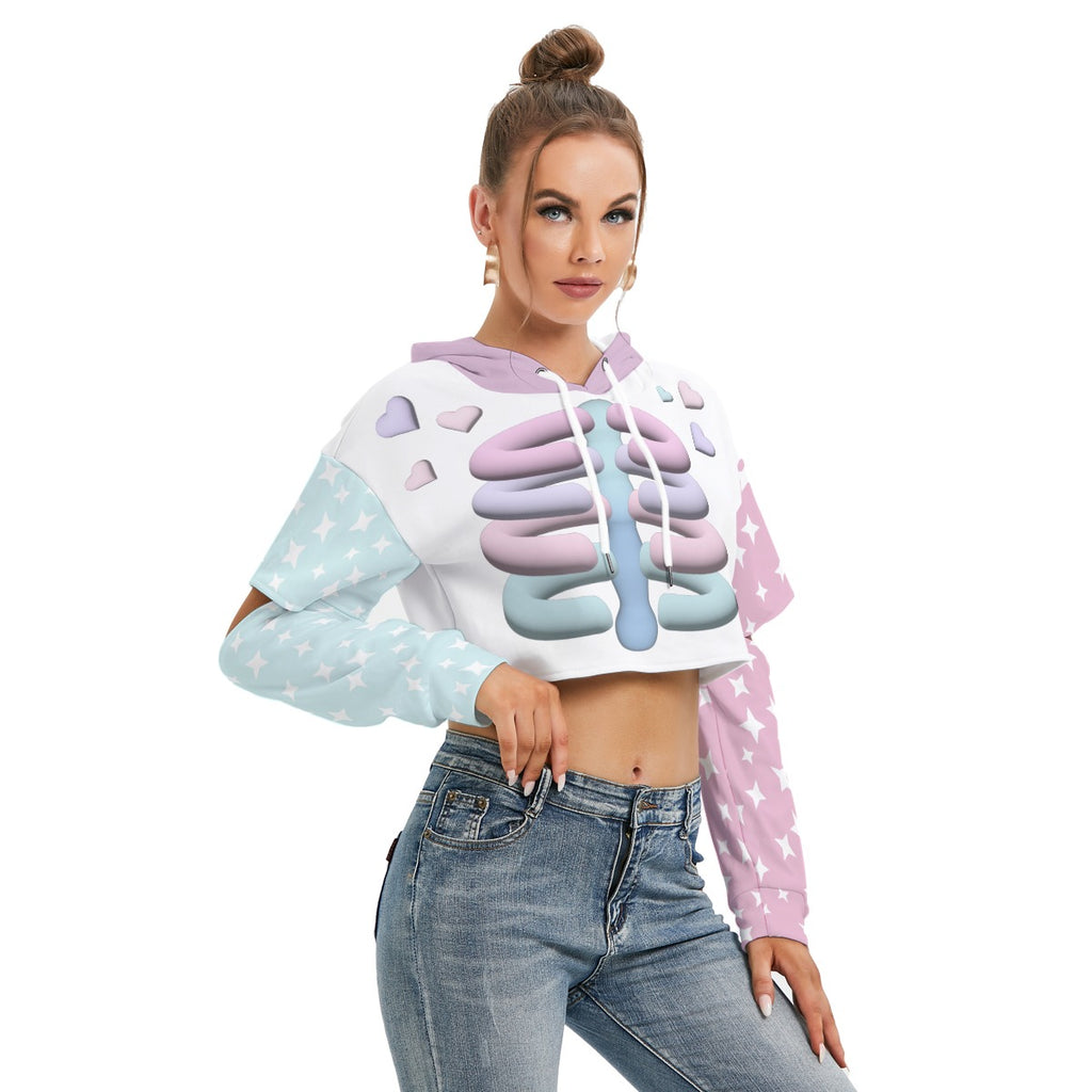 Kawaii Heaven Women's Cropped Hoodie with Pastel Skeleton Print Hollow Out Sleeve Fleece Sweatshirt
