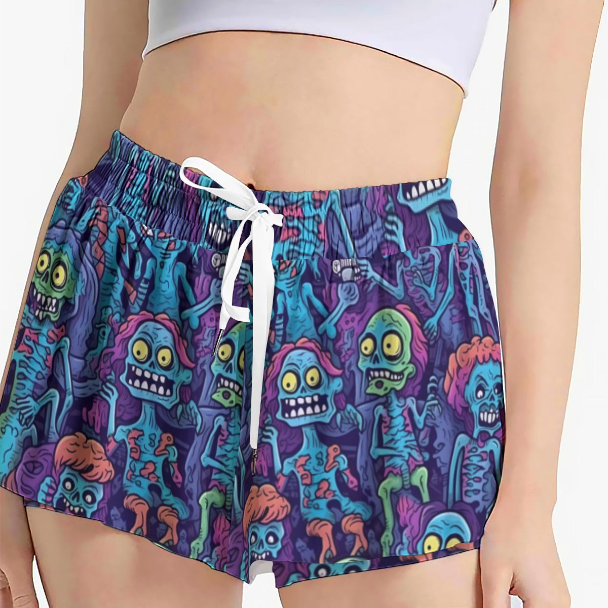 Zombie Cartoon Print Women's Sport Skorts - Colorful Athletic Skorts with Side Pockets and Elastic Waist