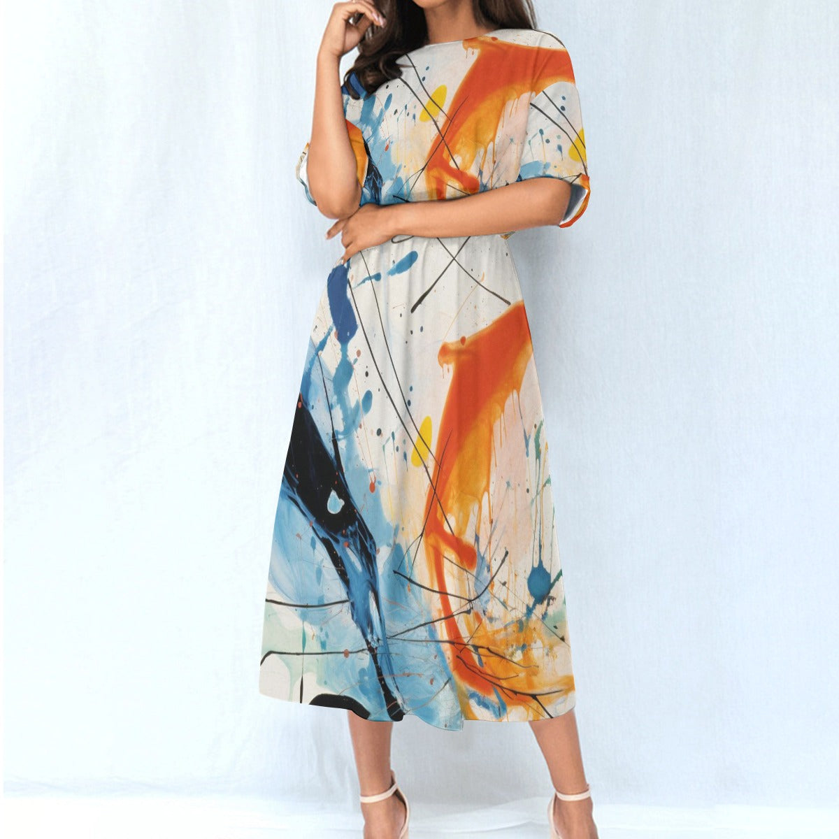Paint Splash Abstract Midi Dress – Women’s Elastic Waist Casual Wear