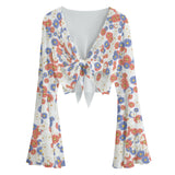 Kawaii Heaven Women's Bell Sleeve Crop Blouse with Front Tie - Colorful Daisy Print