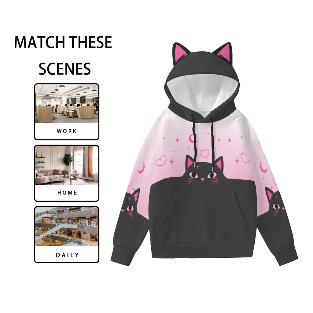 Pastel Pink Black Cat Ear Hoodie