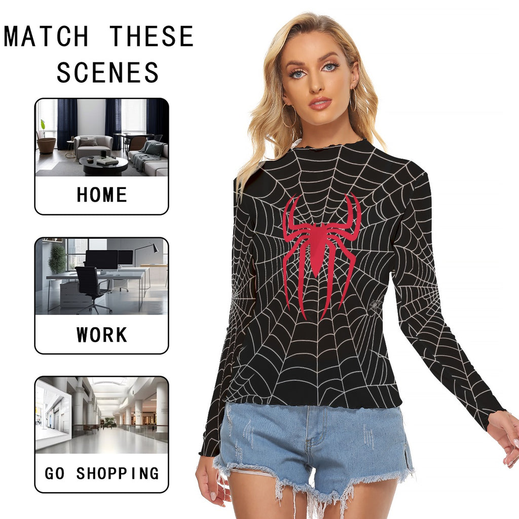 Kawaii Heaven Women's Mesh T-shirt - Spider Queen Print, Black Web with Red Spider