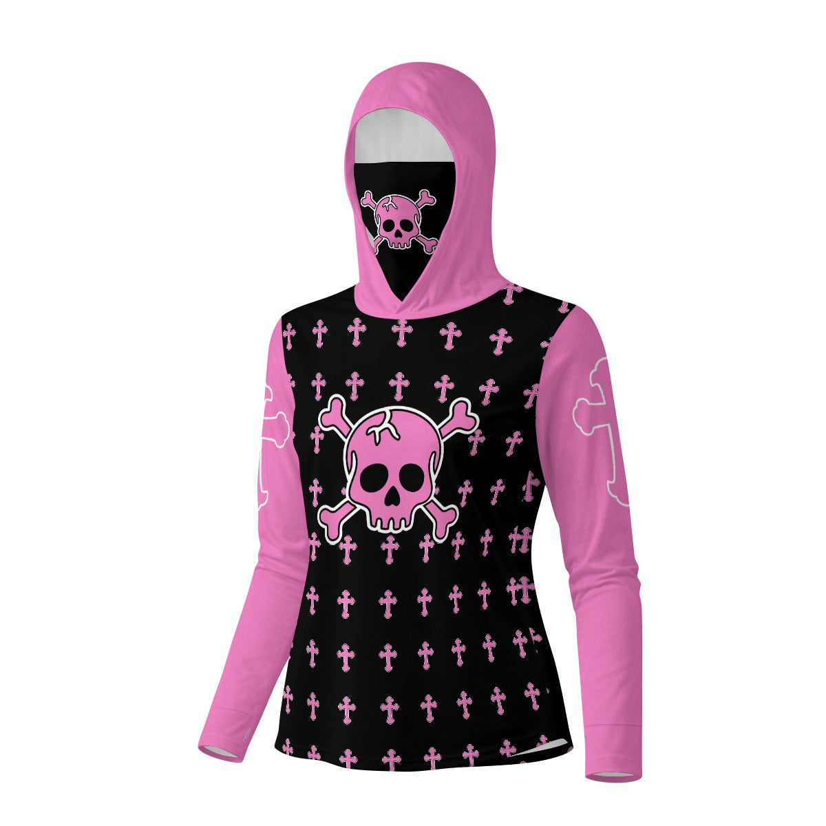 Pink Skull Hooded Top with Face Cover – Goth Long Sleeve Shirt