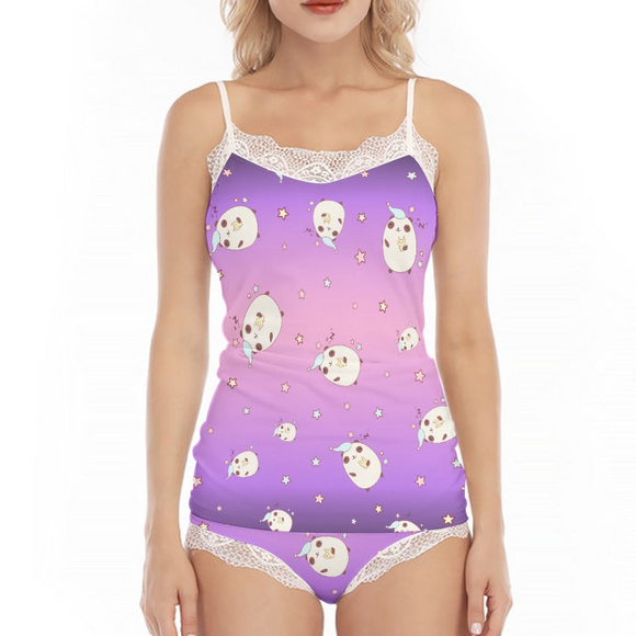 Moon Cat Lace Pajama Set – Kawaii Purple Cami and Shorts Sleepwear