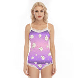 Moon Cat Lace Pajama Set – Kawaii Purple Cami and Shorts Sleepwear