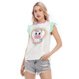 Kawaii Unicorn Heart Graphic Ruffle Sleeve Blouse for Women - Pastel Cute Top with Lace Collar