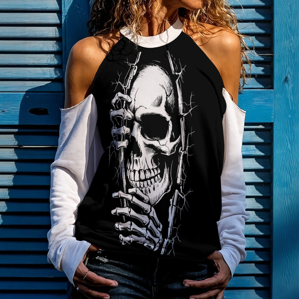 Women's Gothic Skull Cold Shoulder Sweatshirt – Cut-Out Long Sleeve Top