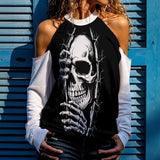 Women's Gothic Skull Cold Shoulder Sweatshirt – Cut-Out Long Sleeve Top