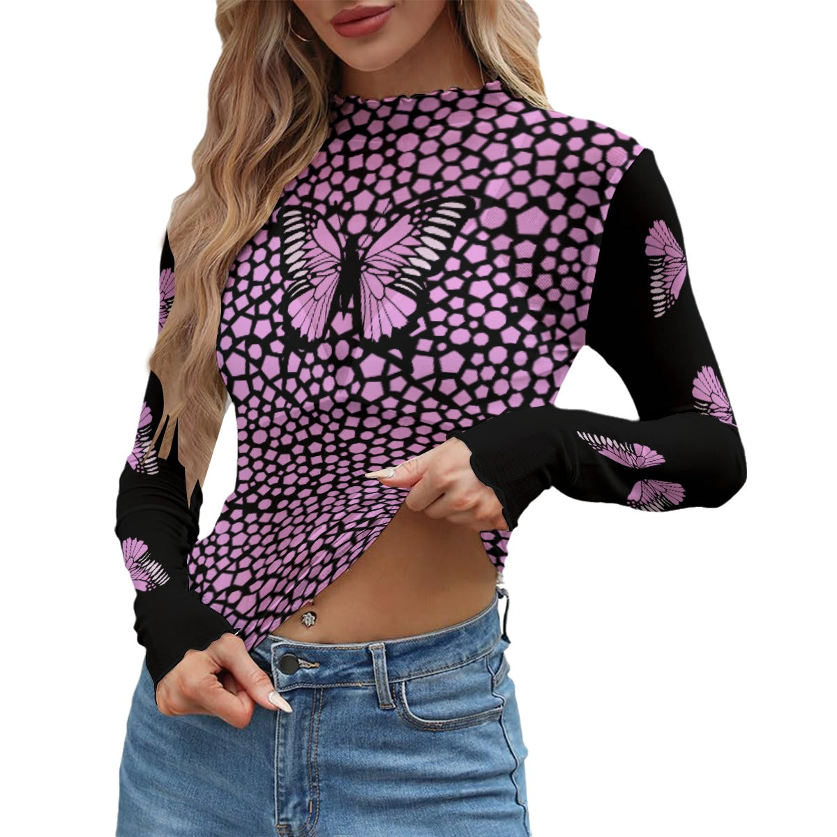 Kawaii Heaven Women's Mesh T-shirt - Pink Butterfly Mosaic Long Sleeve Crop Top