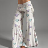 Heart Print Wide Leg Pants – Women’s High Waisted Flowing Trousers