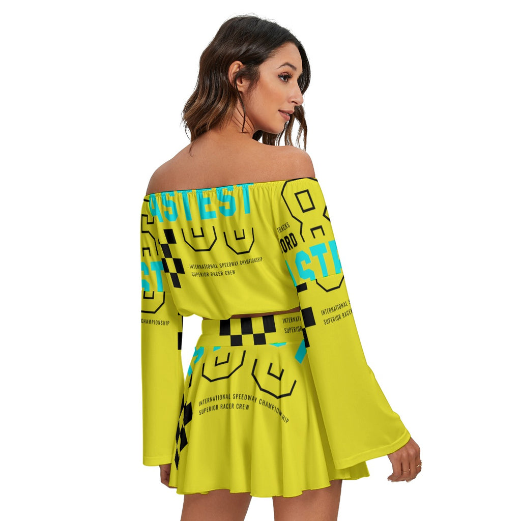 Off-Shoulder Two-Piece Skirt Set – Long Sleeve Crop Top & Mini Skirt