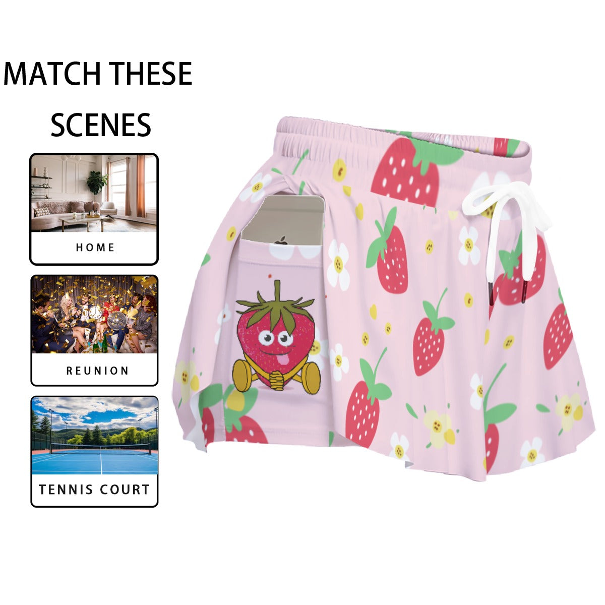 Kawaii Heaven Women's Strawberry Print Skort with Pocket Athletic Skirt Built-in Shorts Phone Holder
