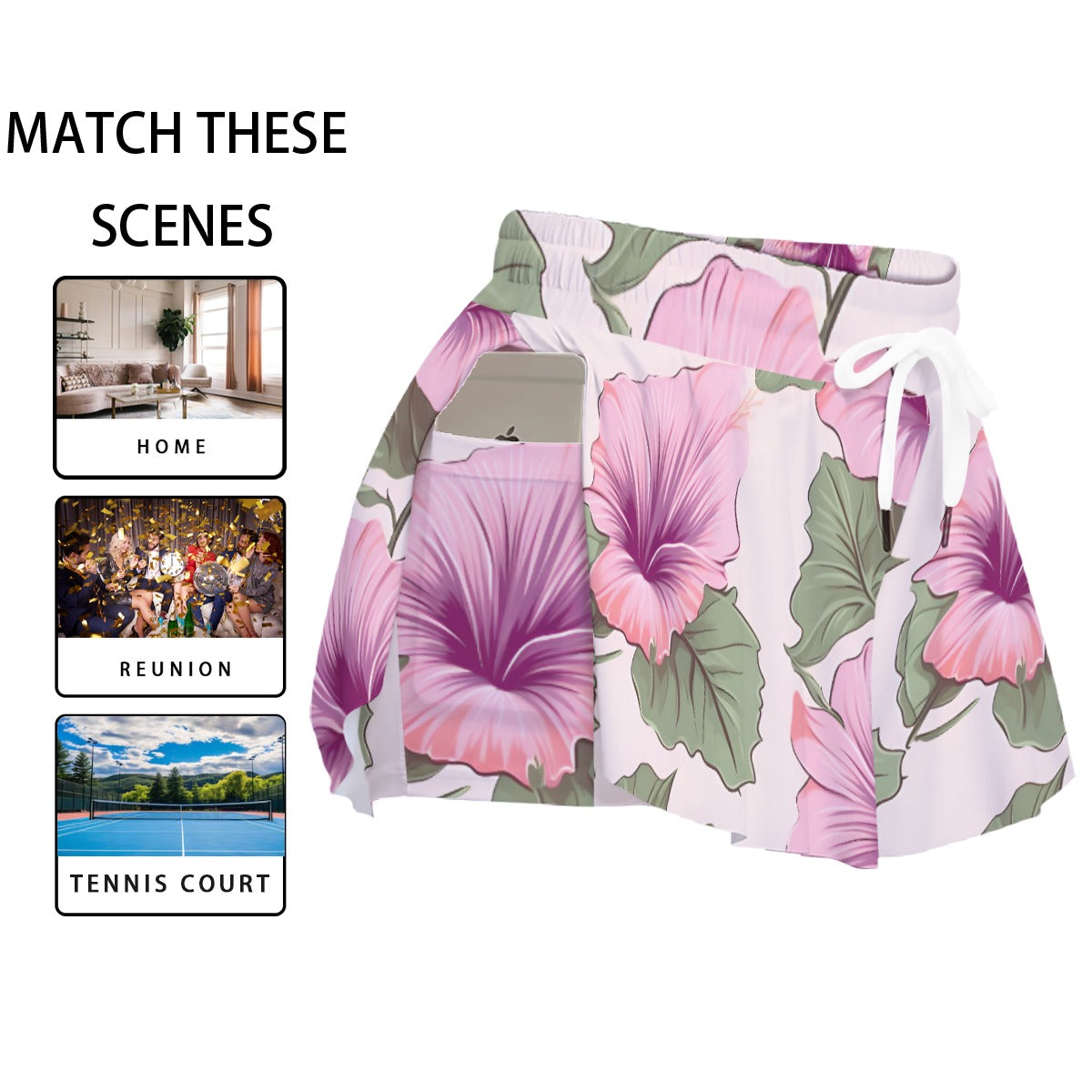 Hibiscus Floral Skort – Pink Tropical Skirt Shorts with Pockets