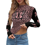 Kawaii Heaven Women's Pink Butterfly Mesh Crop Top - Sexy Aesthetic Long Sleeve Shirt