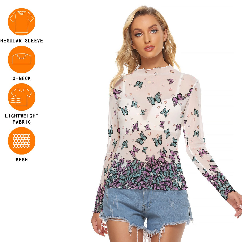 Kawaii Heaven Women's Butterfly Mesh Long Sleeve T-Shirt - Sexy Festival Layering Top