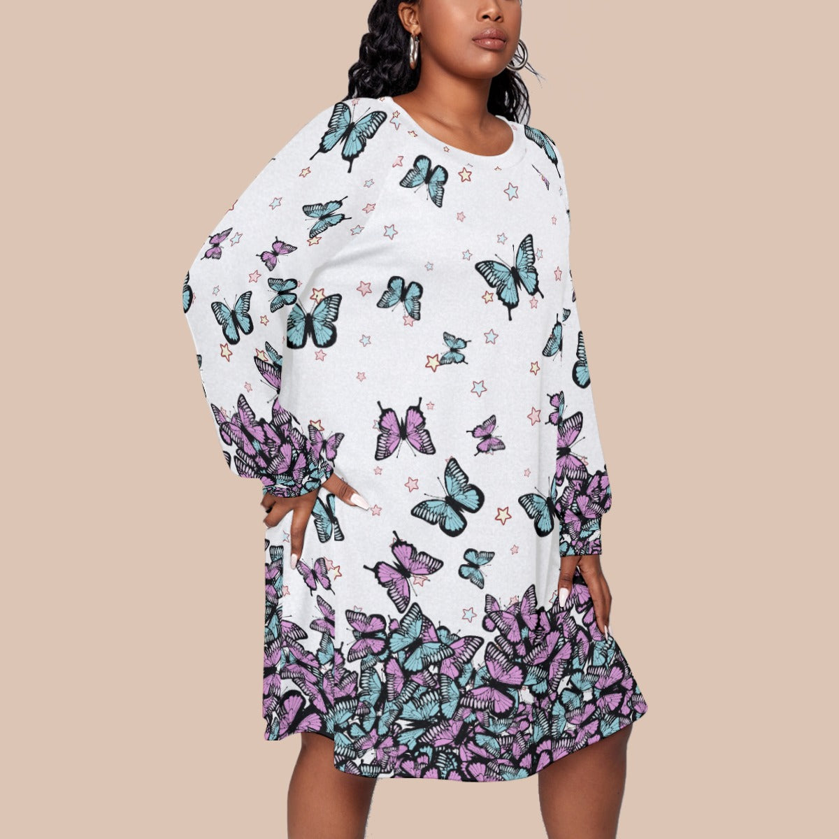 Kawaii Heaven Plus Size Butterfly Print Long Sleeve Raglan Jersey Dress