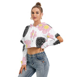 Women's Cropped Fleece Hoodie with Hollow Out Sleeves - Pink & Black Flower Print