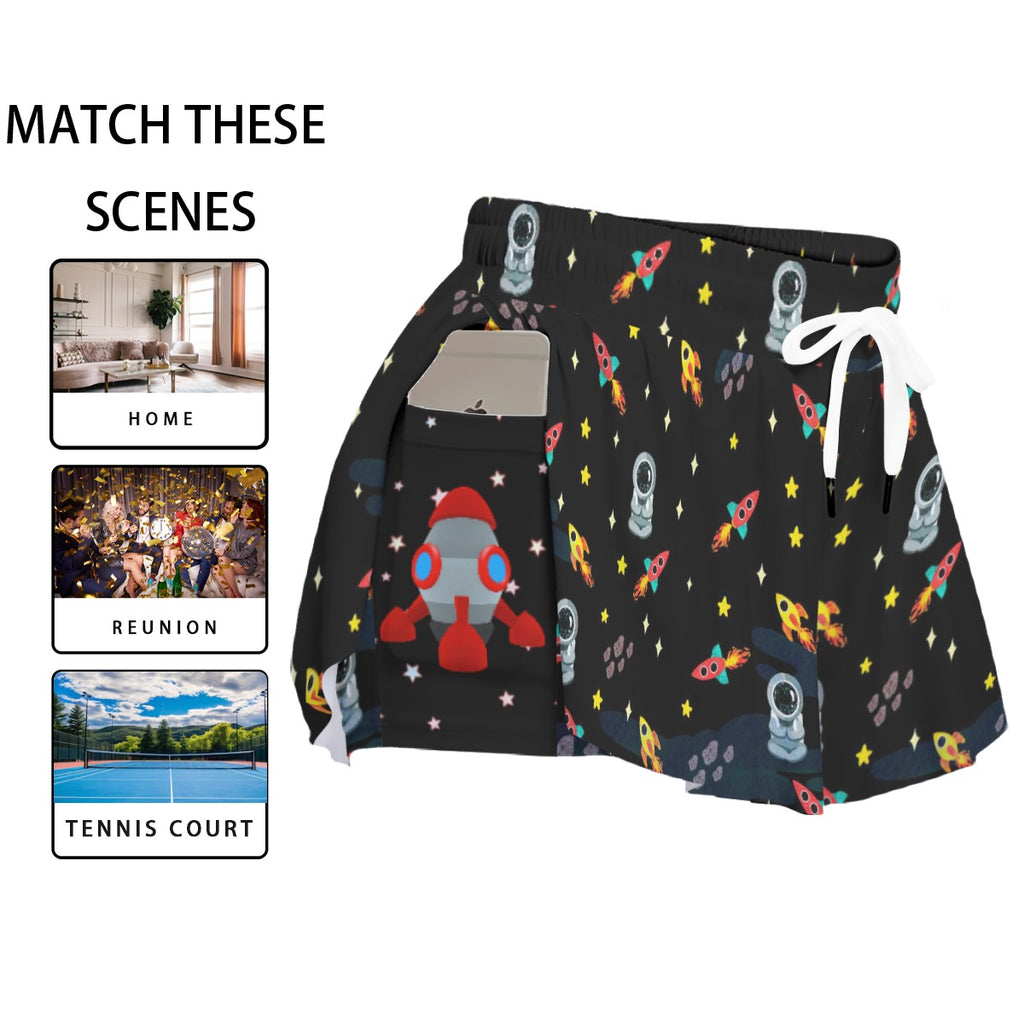 Space Rocket Print Women's Athletic Skorts with Side Pockets - Black Drawstring Sport Shorts