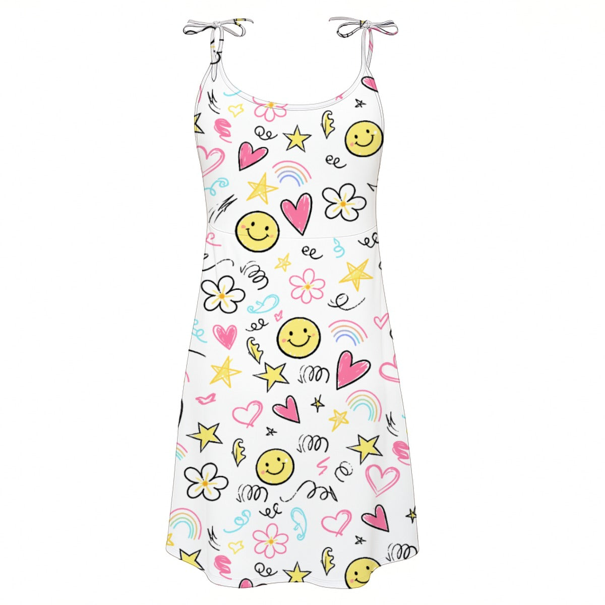 Cute Smiley Print Mini Dress – Colorful A-Line Summer Beach Dress
