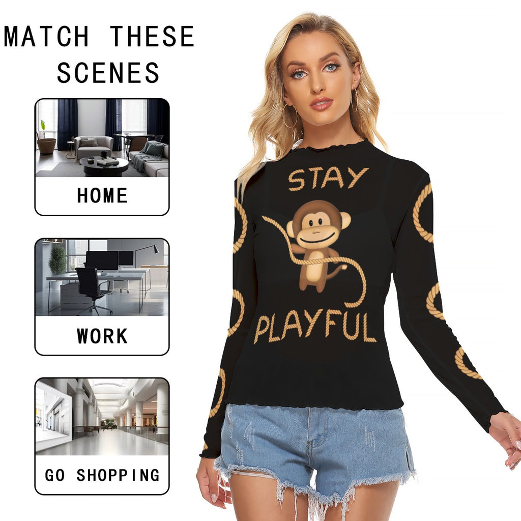 Playful Monkey Long Sleeve Top – Lightweight Mesh Feel with Fun Graphic