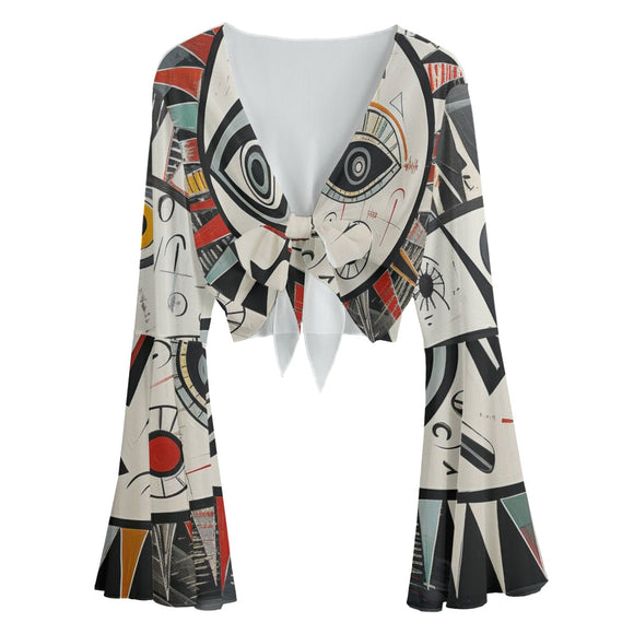 Abstract Muse Tie-Top Women's Blouse with Lace-Up Design and Bell Sleeves