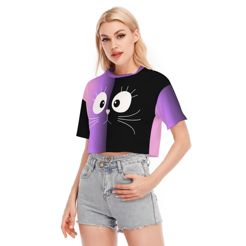 Cute Cat Crop Top – Purple Black Kawaii Cotton Tee | 190GSM Cotton