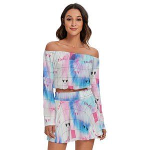 Kawaii Heaven Women Off-Shoulder Microfiber Crop Top & Skirt Set - Pastel Grid Print