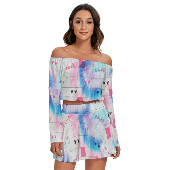Kawaii Heaven Women Off-Shoulder Microfiber Crop Top & Skirt Set - Pastel Grid Print