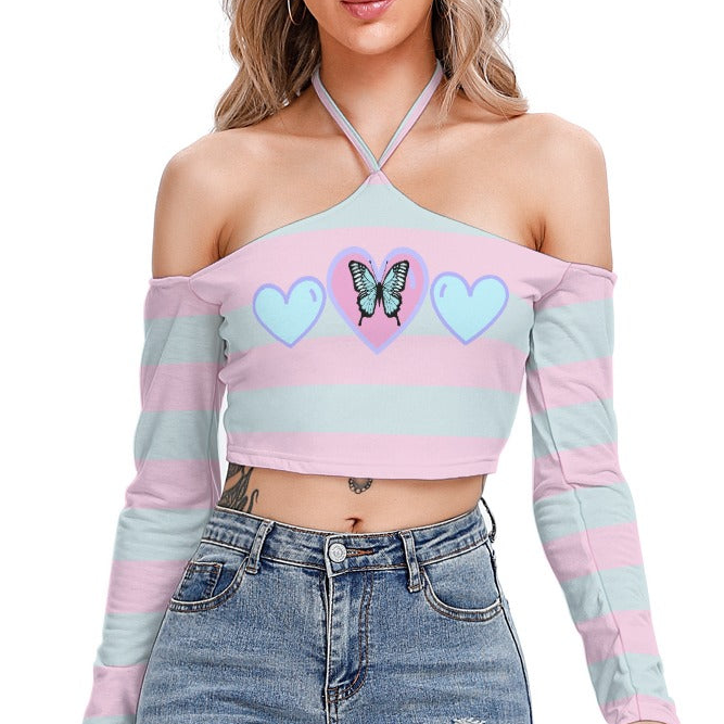 Butterfly Off-Shoulder Crop Top – Halter Neck Long Sleeve Top