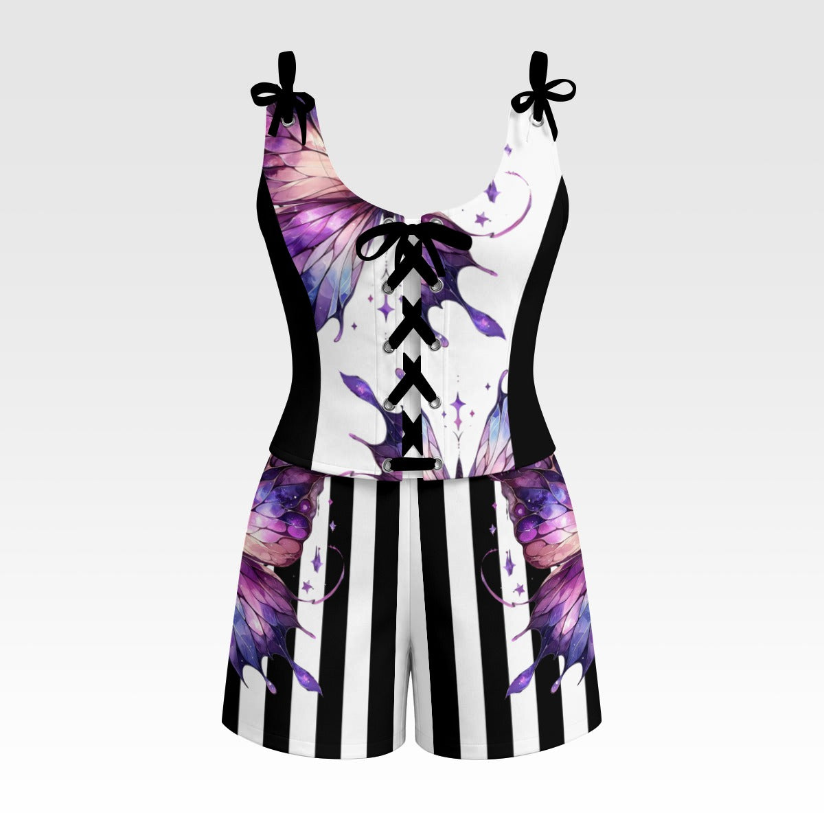 Purple Butterfly Corset Romper Set – Gothic Fairycore Lace-Up Outfit