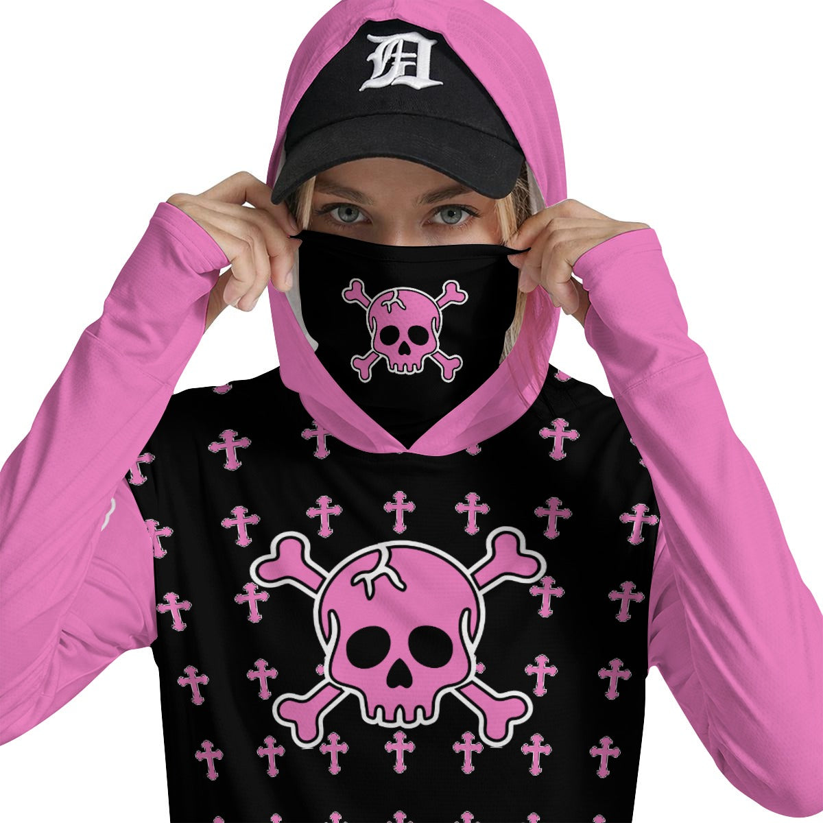 Pink Skull Hooded Top with Face Cover – Goth Long Sleeve Shirt