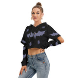 Women's Halloween Bat & Spider Print Cropped Hoodie with Hollow Out Sleeves, Fleece-Lined