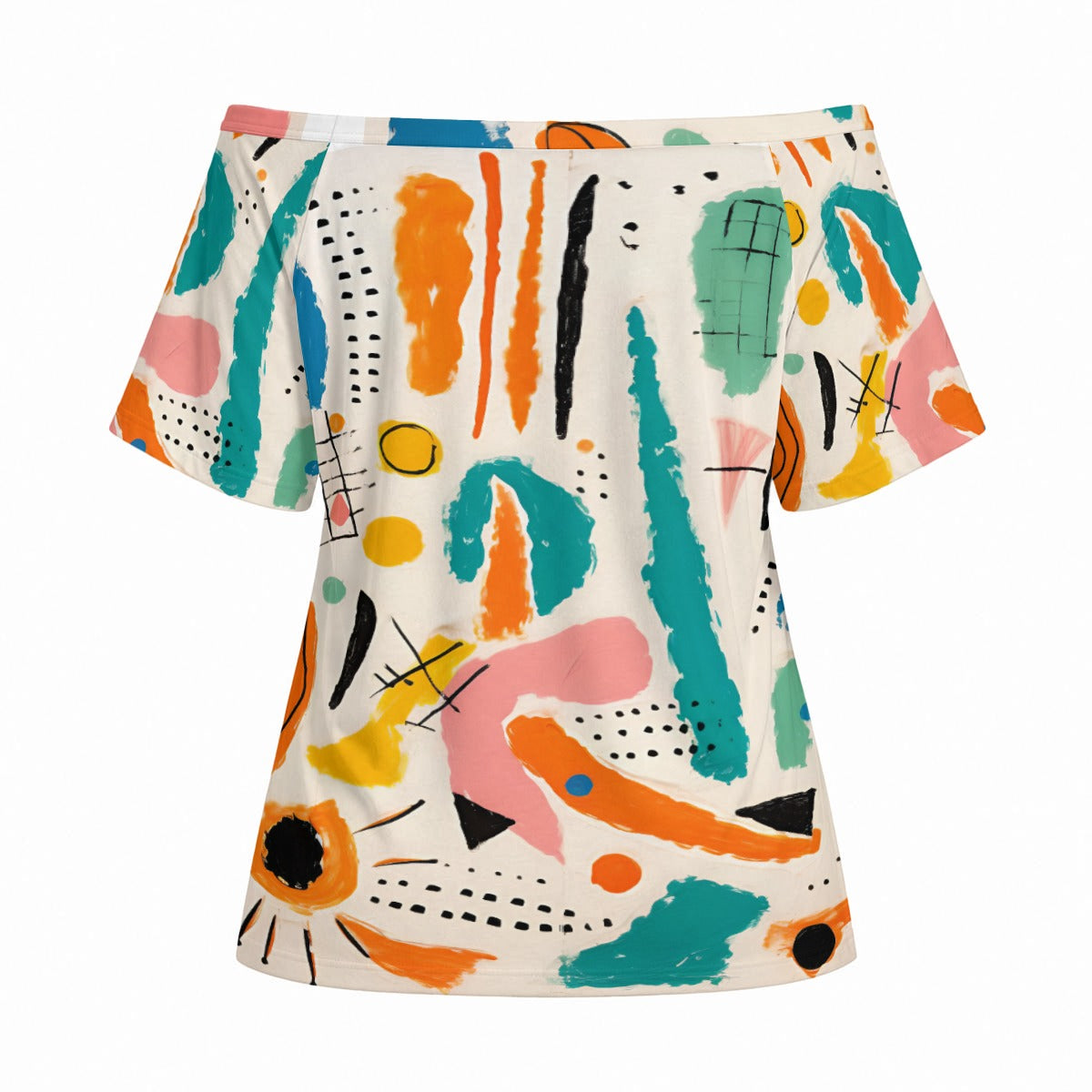 Abstract Off Shoulder Top – Colorful Wide Neck Casual Tee