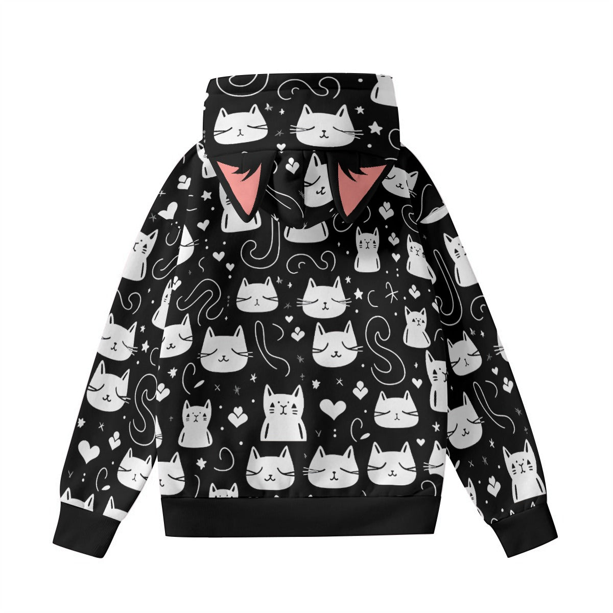 Kawaii Heaven Women's Midnight Meow Hoodie with Cat Ears - Black & White Transfer Print
