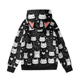 Kawaii Heaven Women's Midnight Meow Hoodie with Cat Ears - Black & White Transfer Print