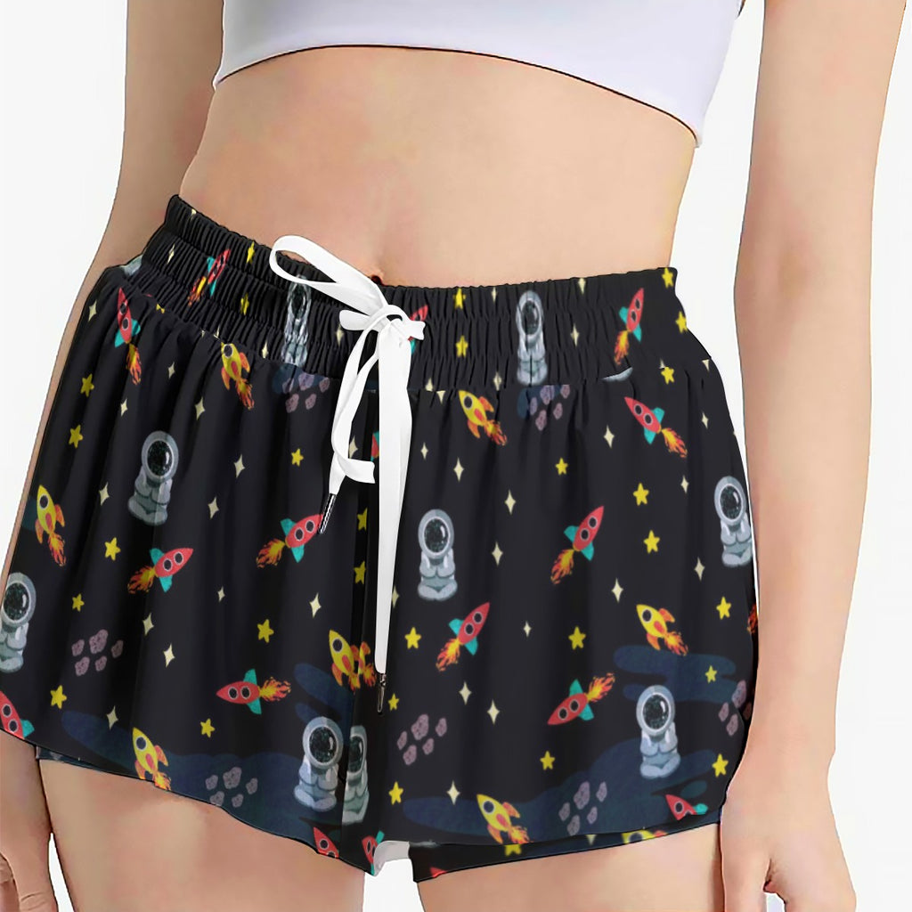 Space Rocket Print Women's Athletic Skorts with Side Pockets - Black Drawstring Sport Shorts