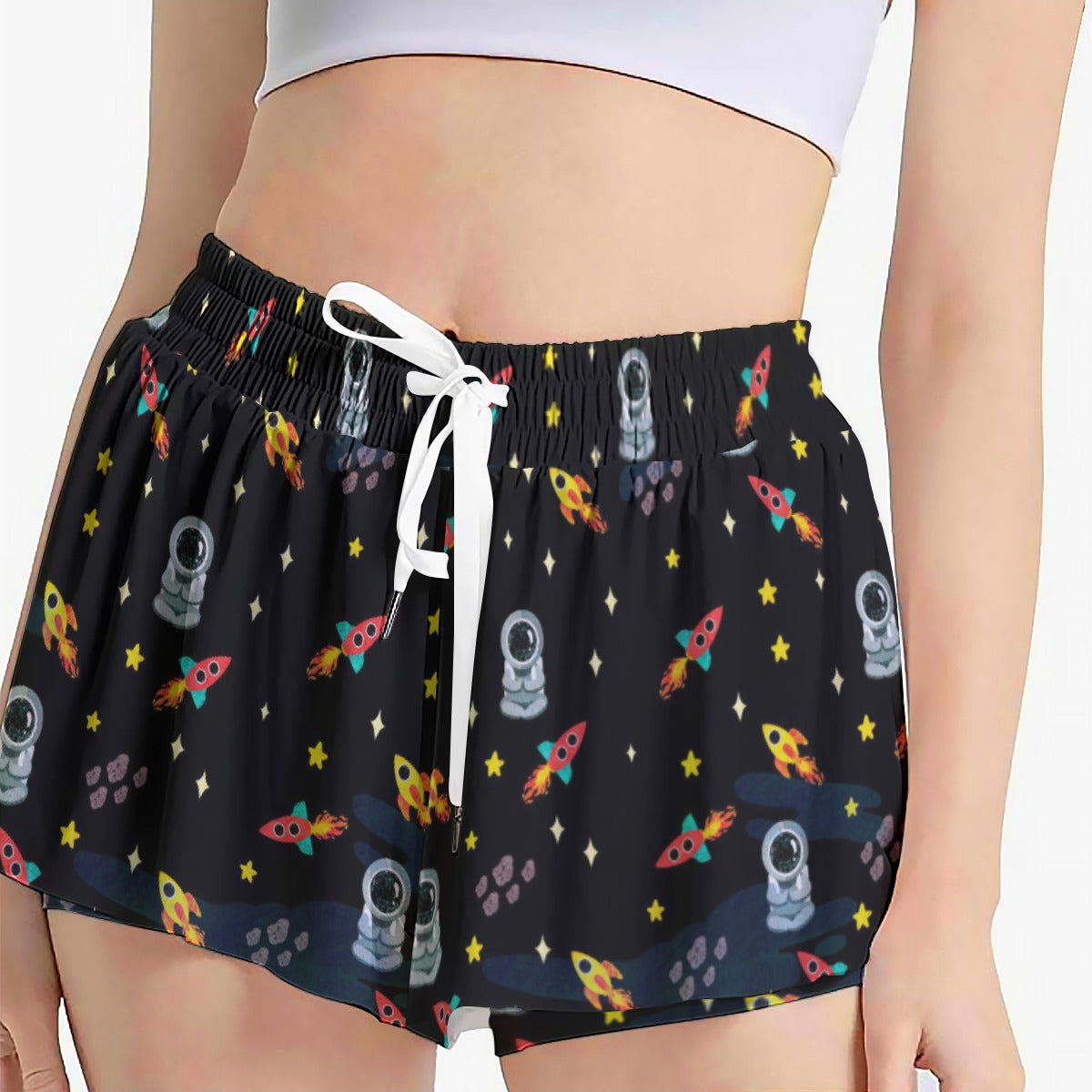 Space Rocket Print Women's Athletic Skorts with Side Pockets - Black Drawstring Sport Shorts