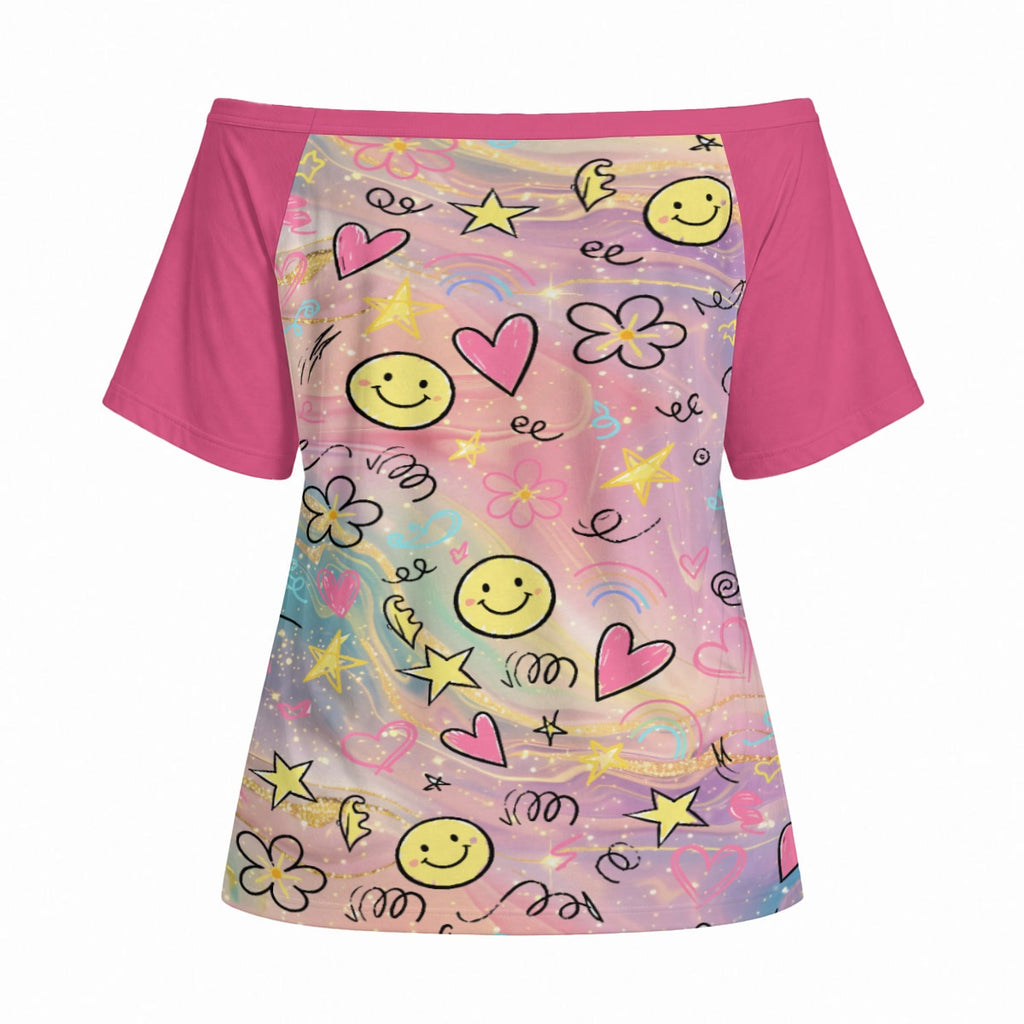 Kawaii Smiley Off Shoulder Top – Pastel Cute Graphic Tee