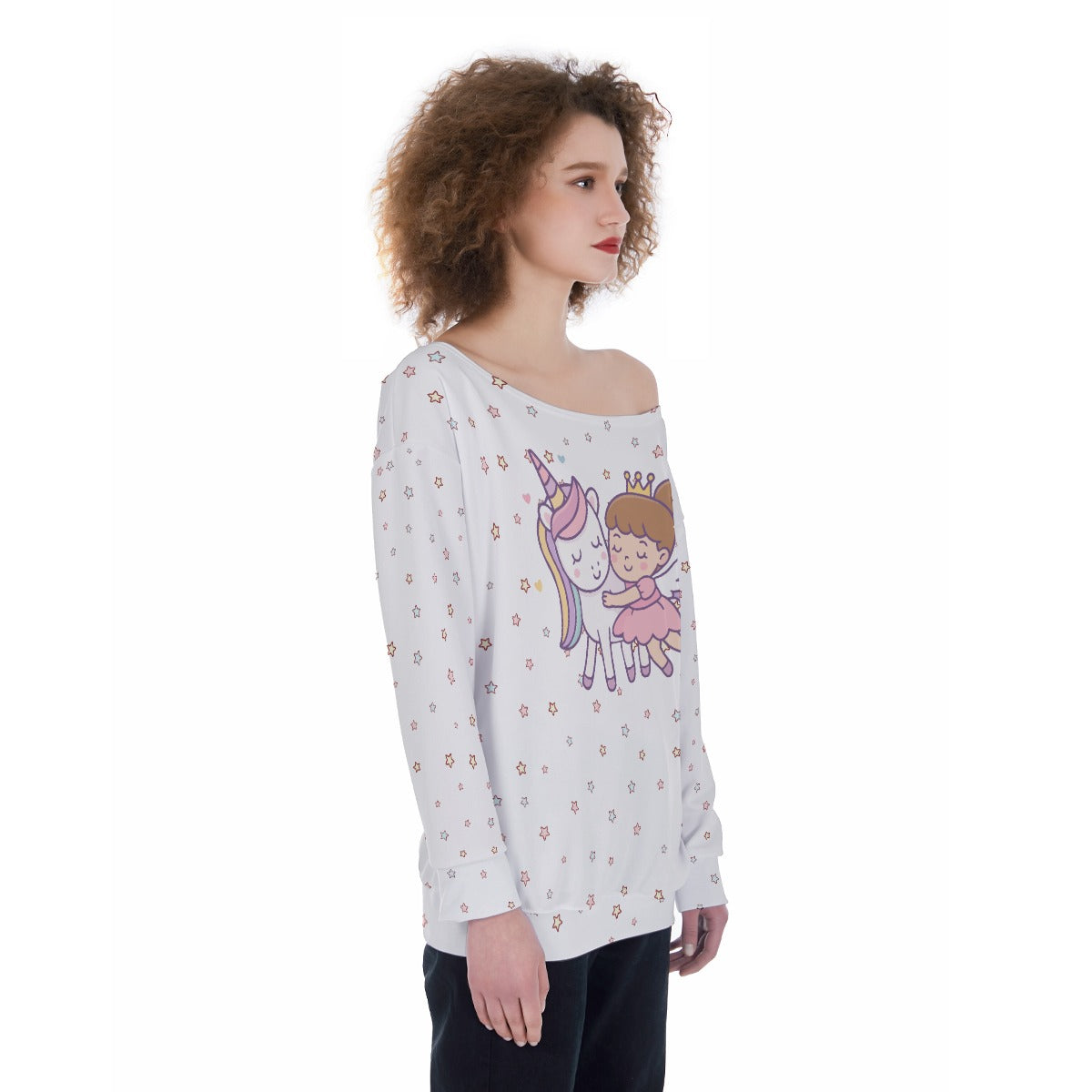 Kawaii Unicorn Princess Off-Shoulder Sweatshirt for Women - Cute Graphic Pullover in Scuba Fabric