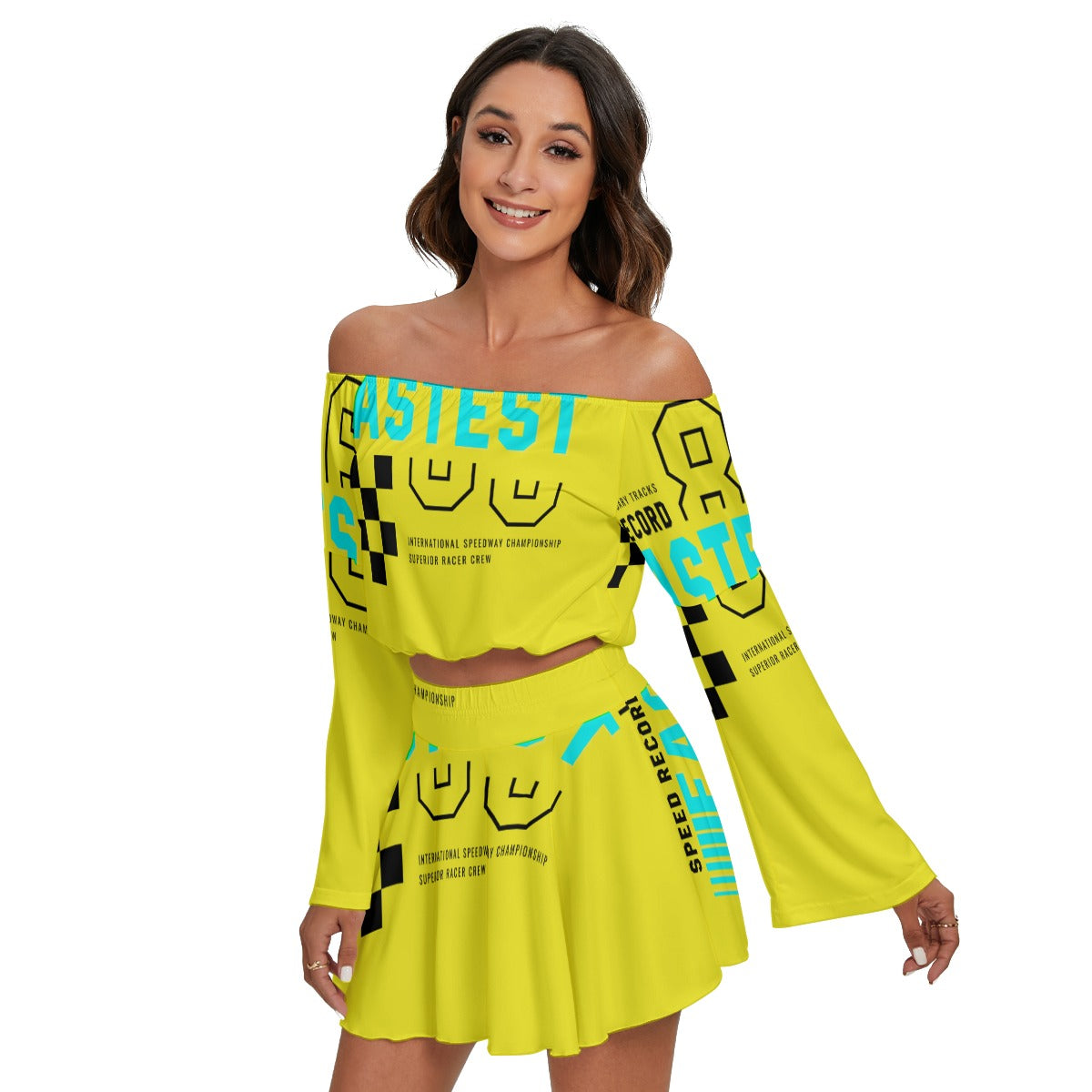 Off-Shoulder Two-Piece Skirt Set – Long Sleeve Crop Top & Mini Skirt