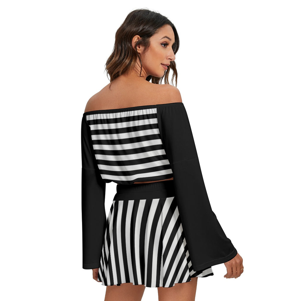 Black & White Off-Shoulder Two Piece Set – Long Sleeve Crop Top & Mini Skirt