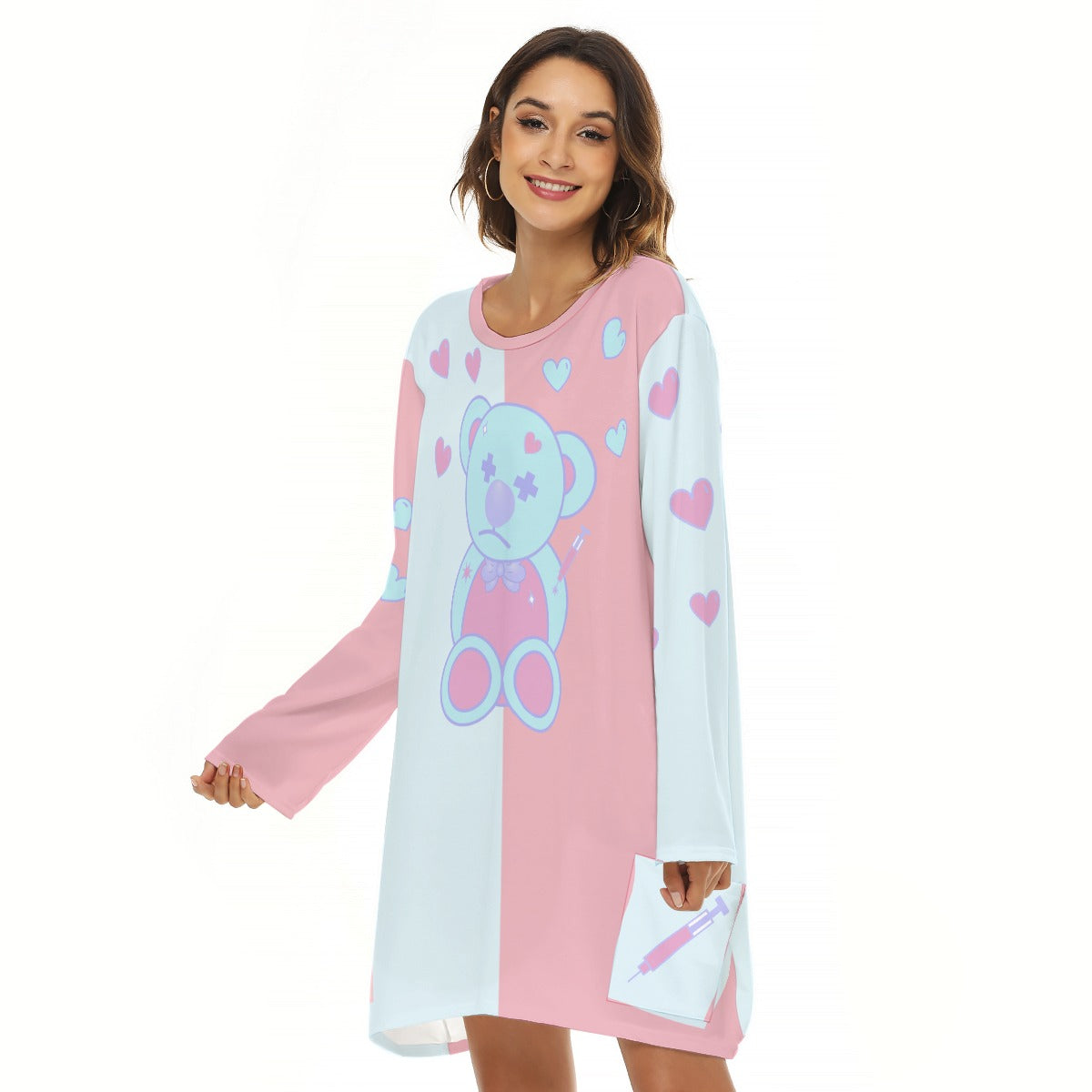Pastel Teddy Long Sleeve Dress – Relaxed Fit Pocket Dress