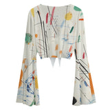Tie Front Bell Sleeve Blouse – Abstract Art Mesh Top for Women