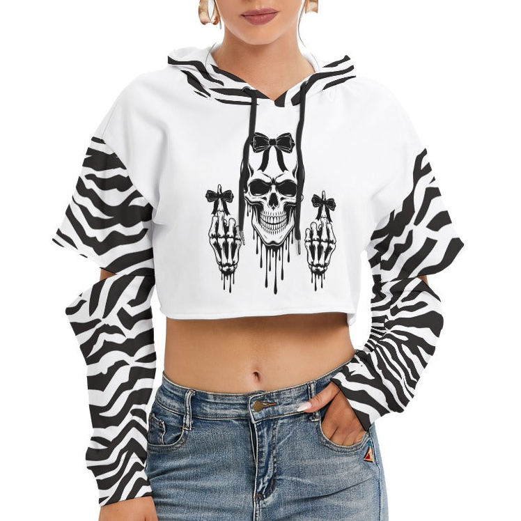 Gothic Skull Cropped Hoodie – Zebra Print Alt Streetwear Hoodie for Women