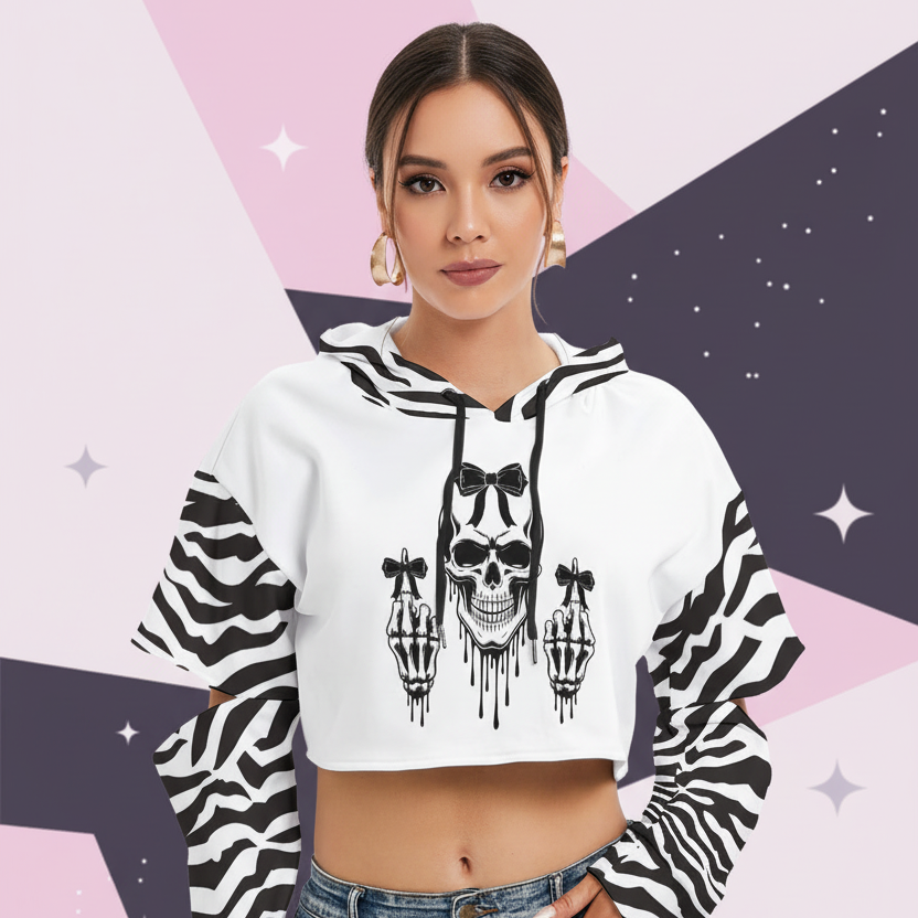 Gothic Skull Cropped Hoodie – Zebra Print Alt Streetwear Hoodie for Women