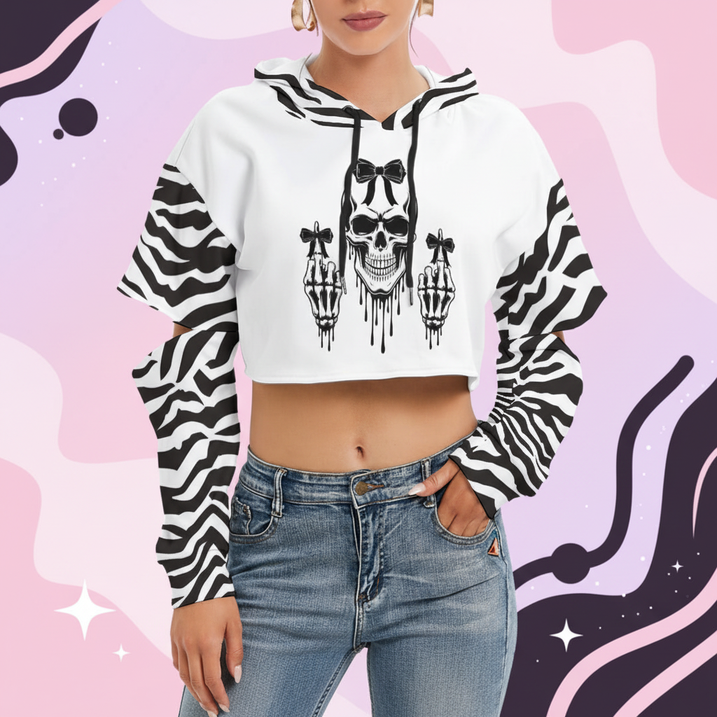 Gothic Skull Cropped Hoodie – Zebra Print Alt Streetwear Hoodie for Women