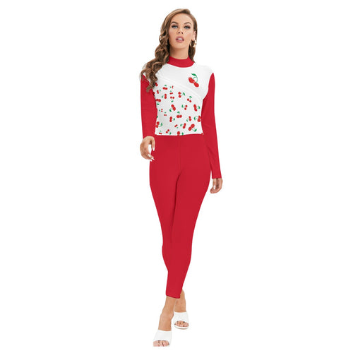 Cherry Print Red Long Sleeve Jumpsuit